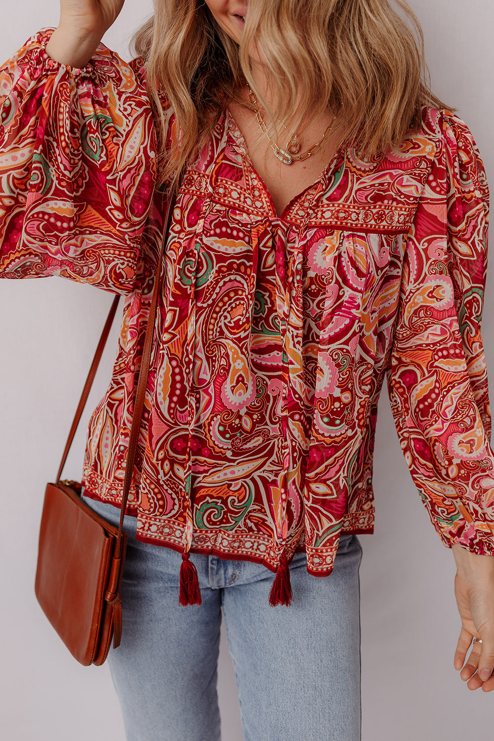 Ethnic Paisley Print Tassel Tie Puff Sleeve Boho Blouse