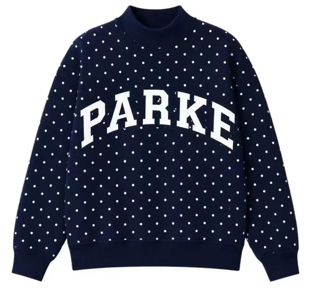 Navy Lettering Mock Neck Pold Dot Hoodie
