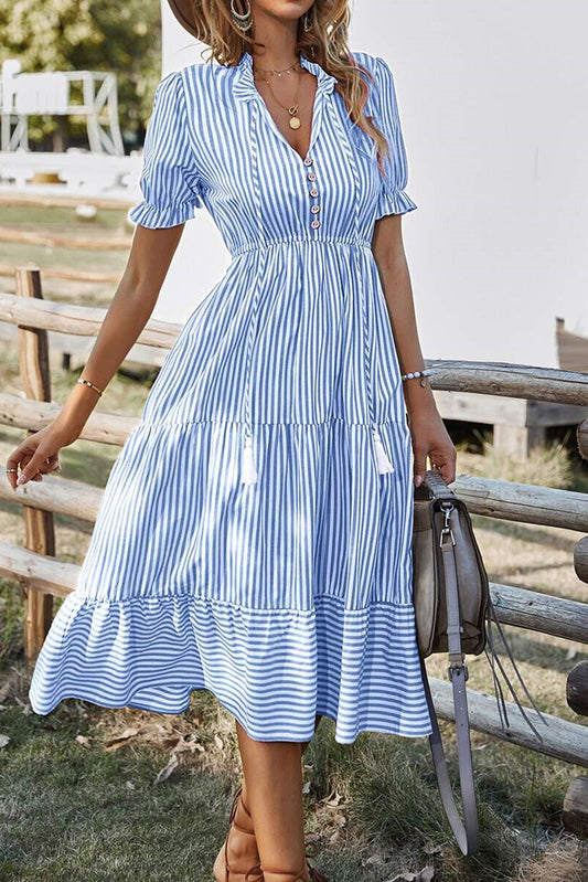 Button Tassel Tie Detail Frilled Short Sleeve Flared Midi Dress