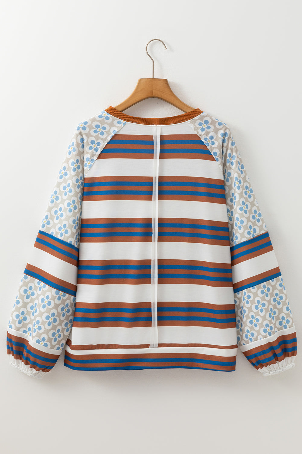 Striped Floral Printed Patchwork Lantern Sleeve Blouse