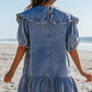 Ruffled Collared Side Pockets Puff Sleeve Denim Mini Dress