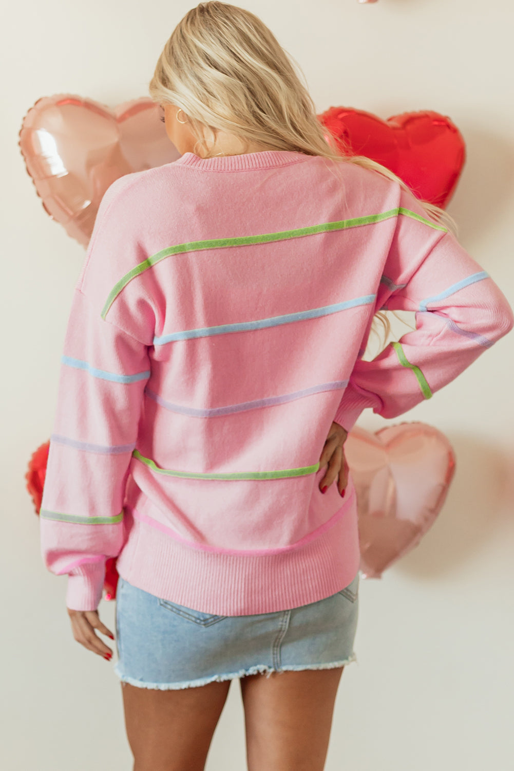 Rainbow Stripes Drop Shoulder Baggy Henley Sweater