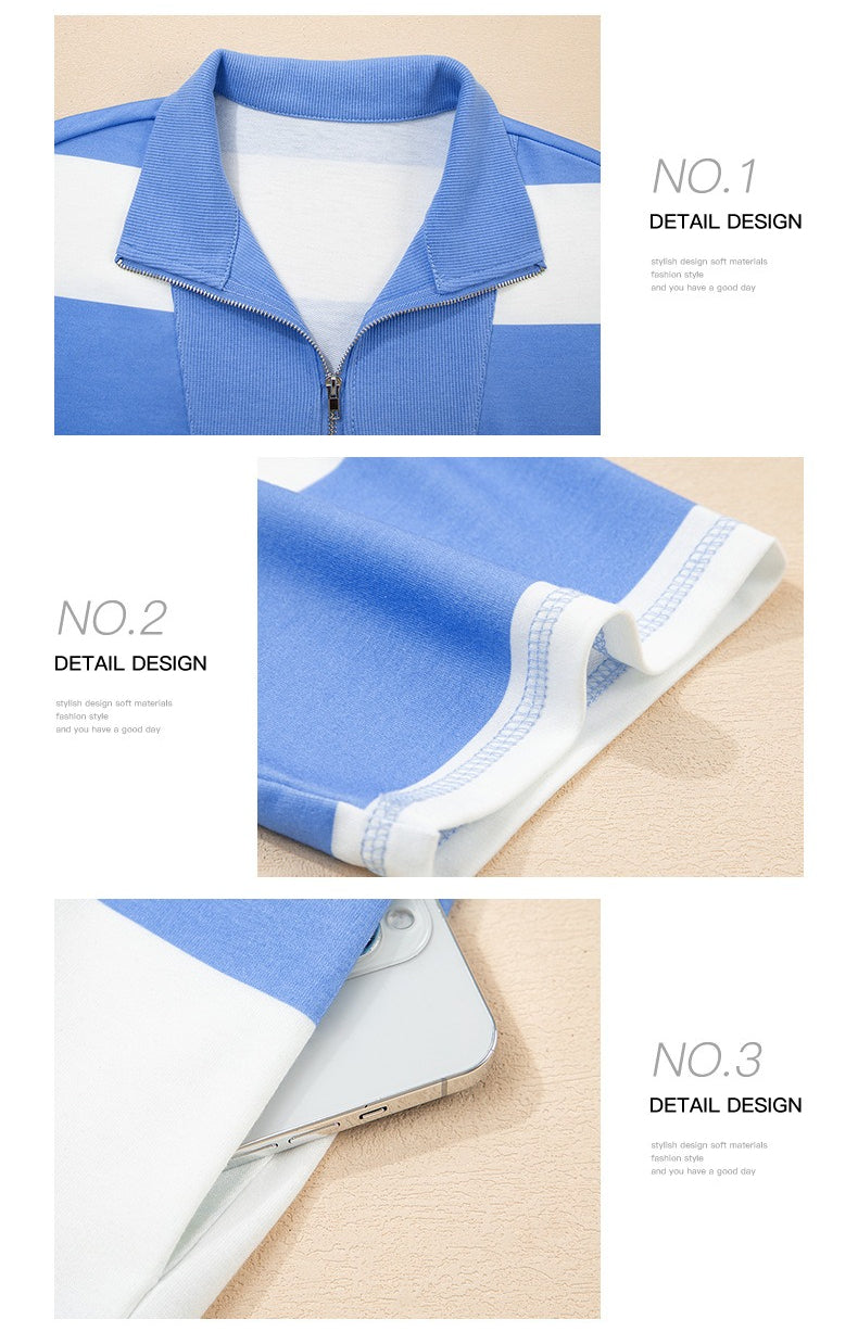 Stripe Half Zipper Placket Bracelet Sleeve Top Casual Shorts Set