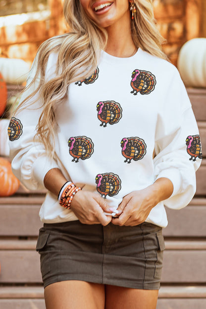 Thanksgiving Turkey Sequin Patched Pullover Sweatshirt