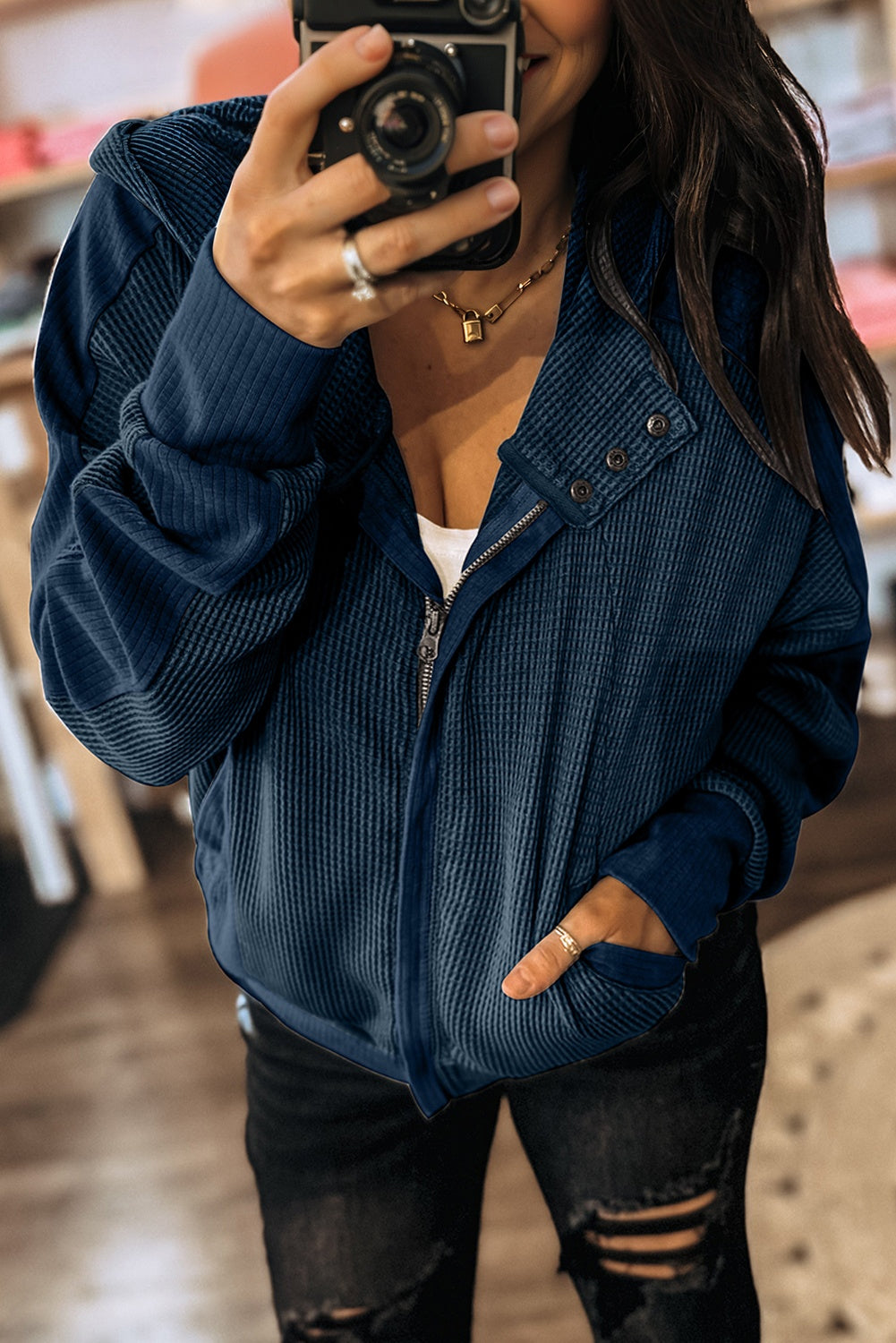 Splicing Zip Up Front Button Hooded Jacket
