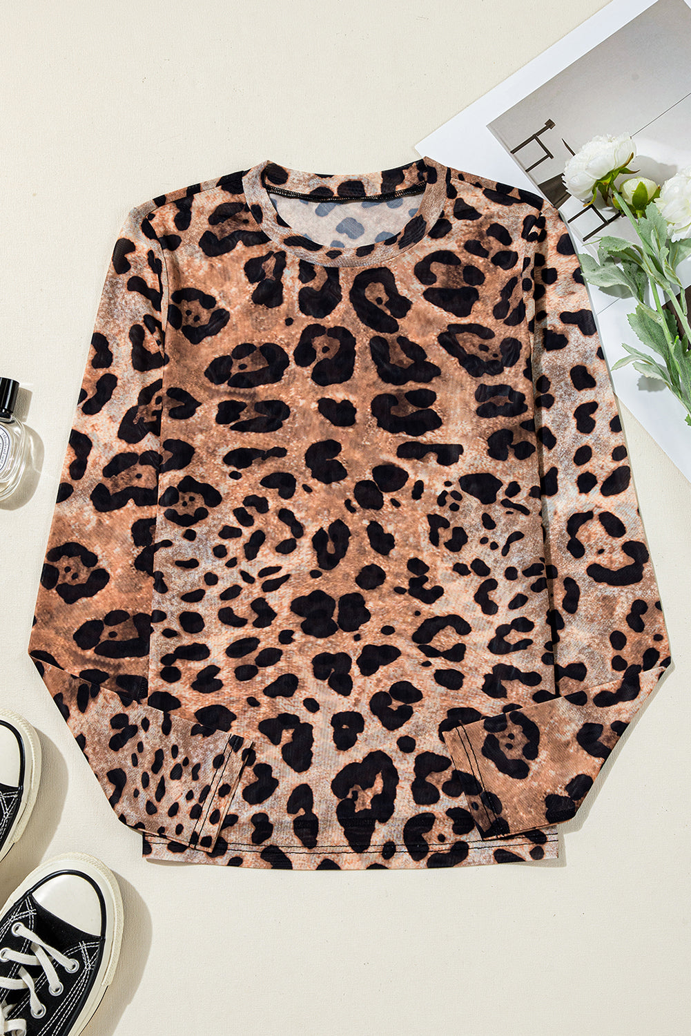 Leopard Round Neck Long Sleeve Slim Top