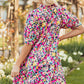 Floral Puff Short Sleeve V Neck Mini Dress
