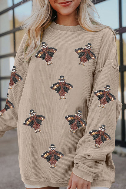 Twisted Ribbed Sequined Thanksgiving Turkey Graphic Baggy Sweatshirt