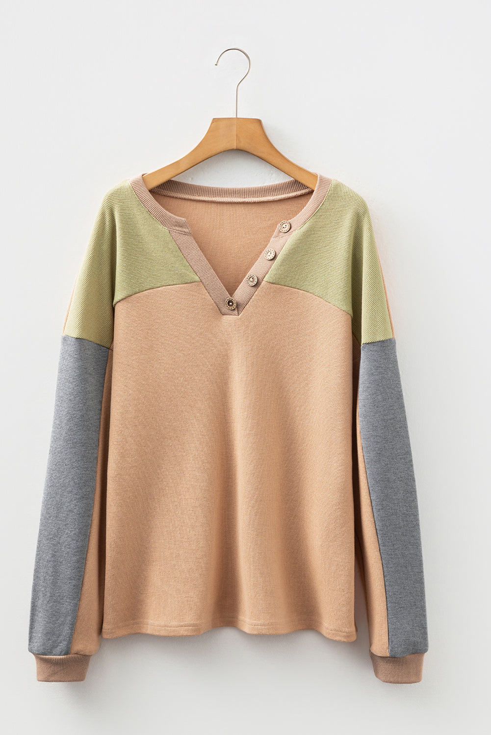 Color Block Thermal Textured Knit Drop Shoulder Henley Top
