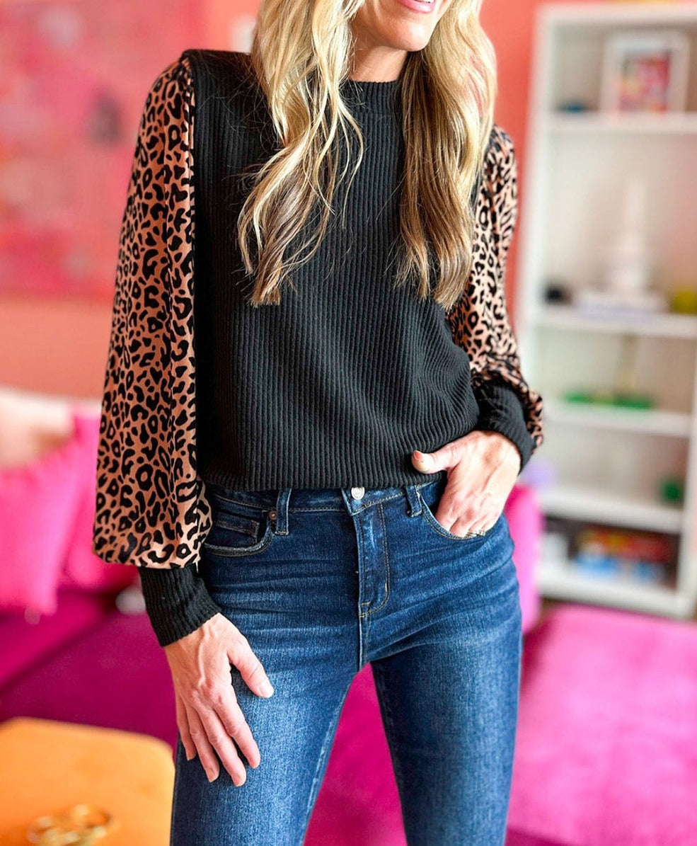 Leopard Print Ribbed Knit Blouse