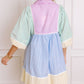 Striped Patchwork Ric Rac Puff Sleeve Collared Mini Dress