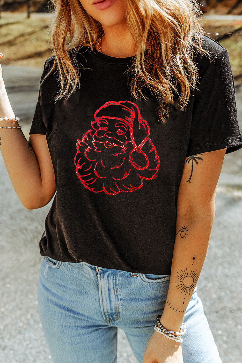 Rhinestone Santa Claus Christmas Graphic T Shirt