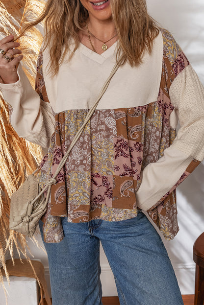 Paisley Ethnic Print Contrast Patchwork Long Sleeve Loose Top
