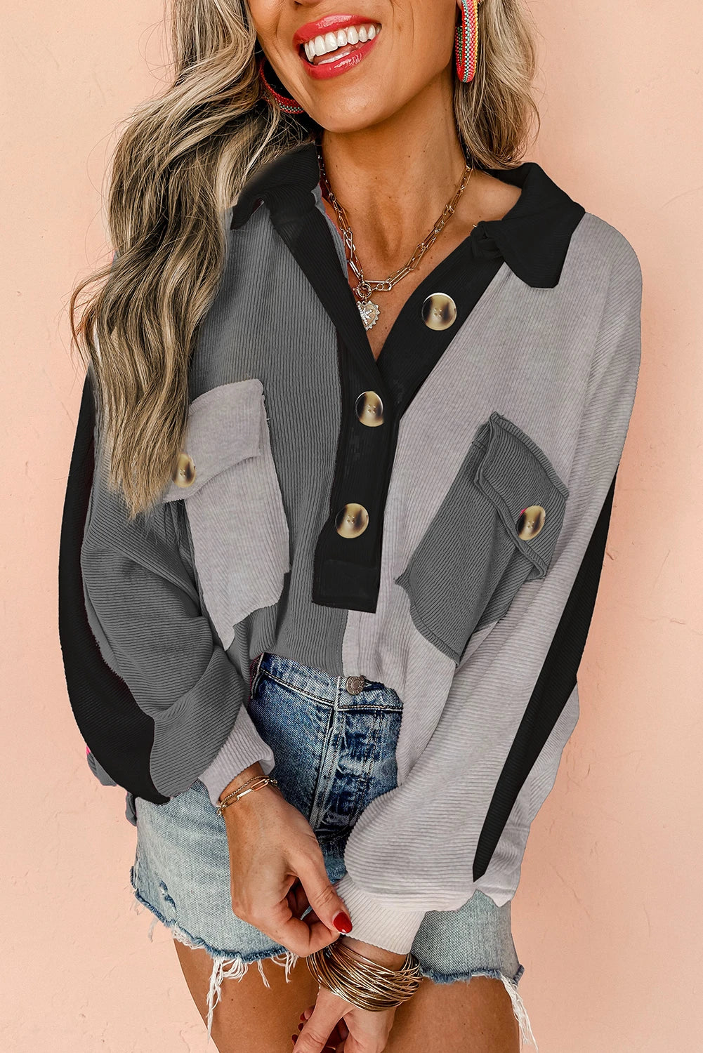 Colorblock Ribbed Collared Sweatshirt