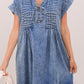 Tie V Neck Tucking Detail Short Sleeve Denim Shift Dress