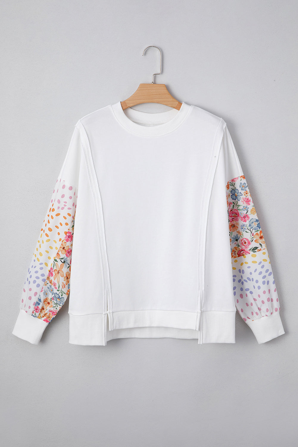 Floral Dotted Mixed Print Patchwork Sleeve High Low Casual Sweatshirt