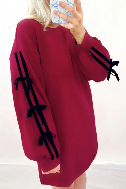 Striped Bow Detail Drop Shoulder Sweatshirt Dress with Pockets