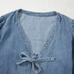 Tied Front Long Puff Sleeve Denim Top