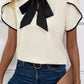 White Bow Knot Neckline Contrast Stripe Short Sleeve Blouse
