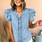 Button Front Ruffled Flutter Frayed Denim Top