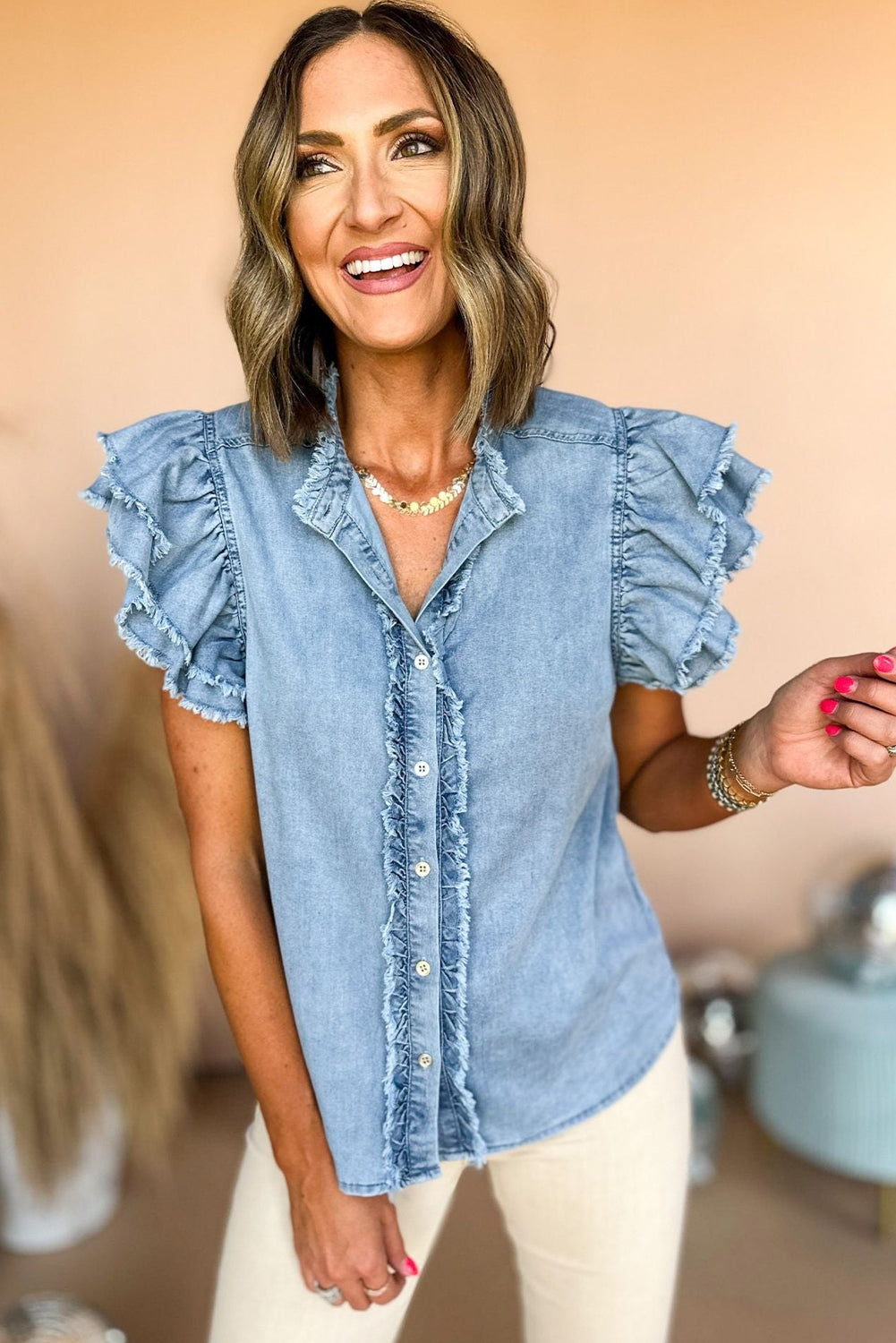 Button Front Ruffled Flutter Frayed Denim Top