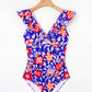 Floral Ruffle Trim V Neck Lace-up Back Tummy Control One Piece Swimsuit
