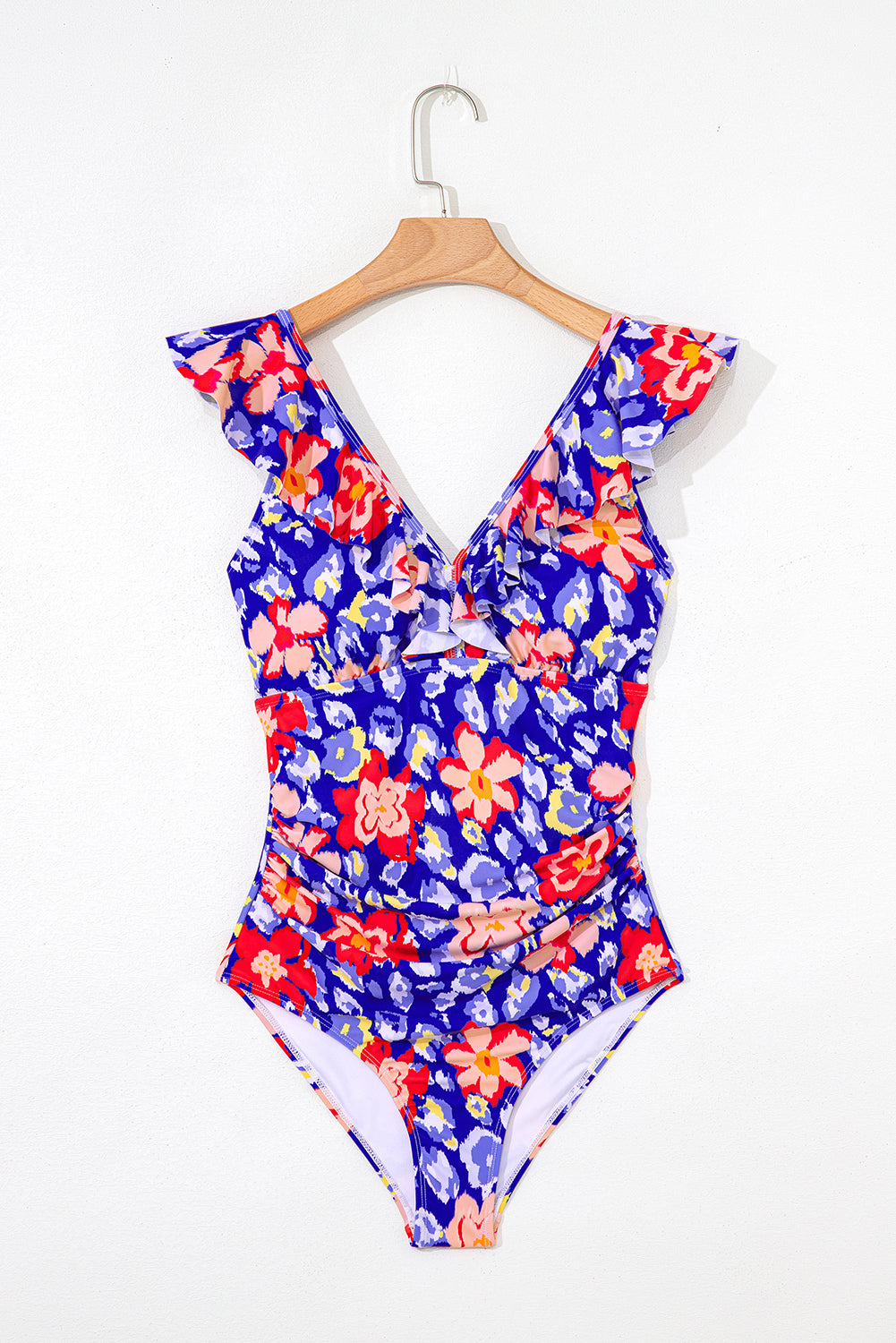 Floral Ruffle Trim V Neck Lace-up Back Tummy Control One Piece Swimsuit