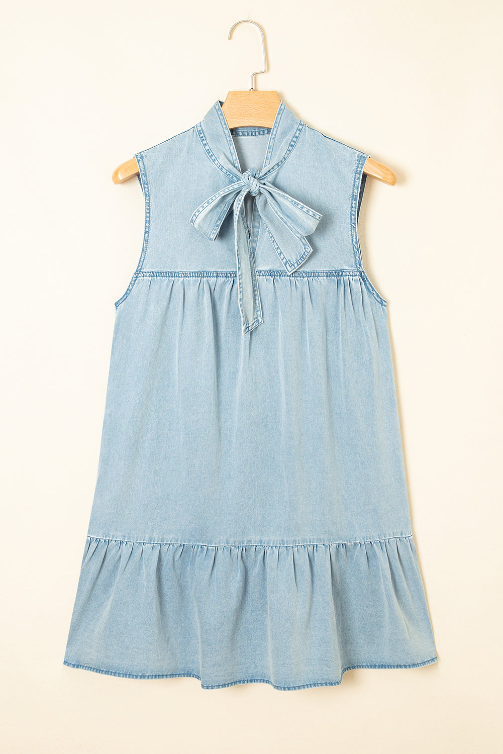 Bowknot Neck Ruffled Chambray Dress