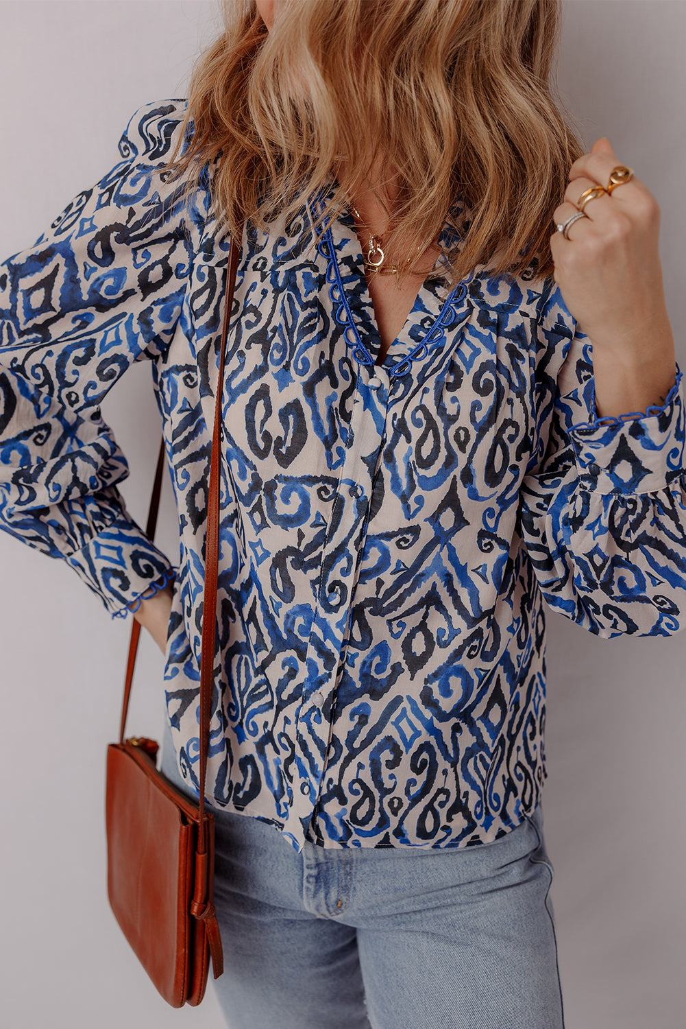 Bohemian Print Embroidered V Neckline Detail Long Sleeve Shirt