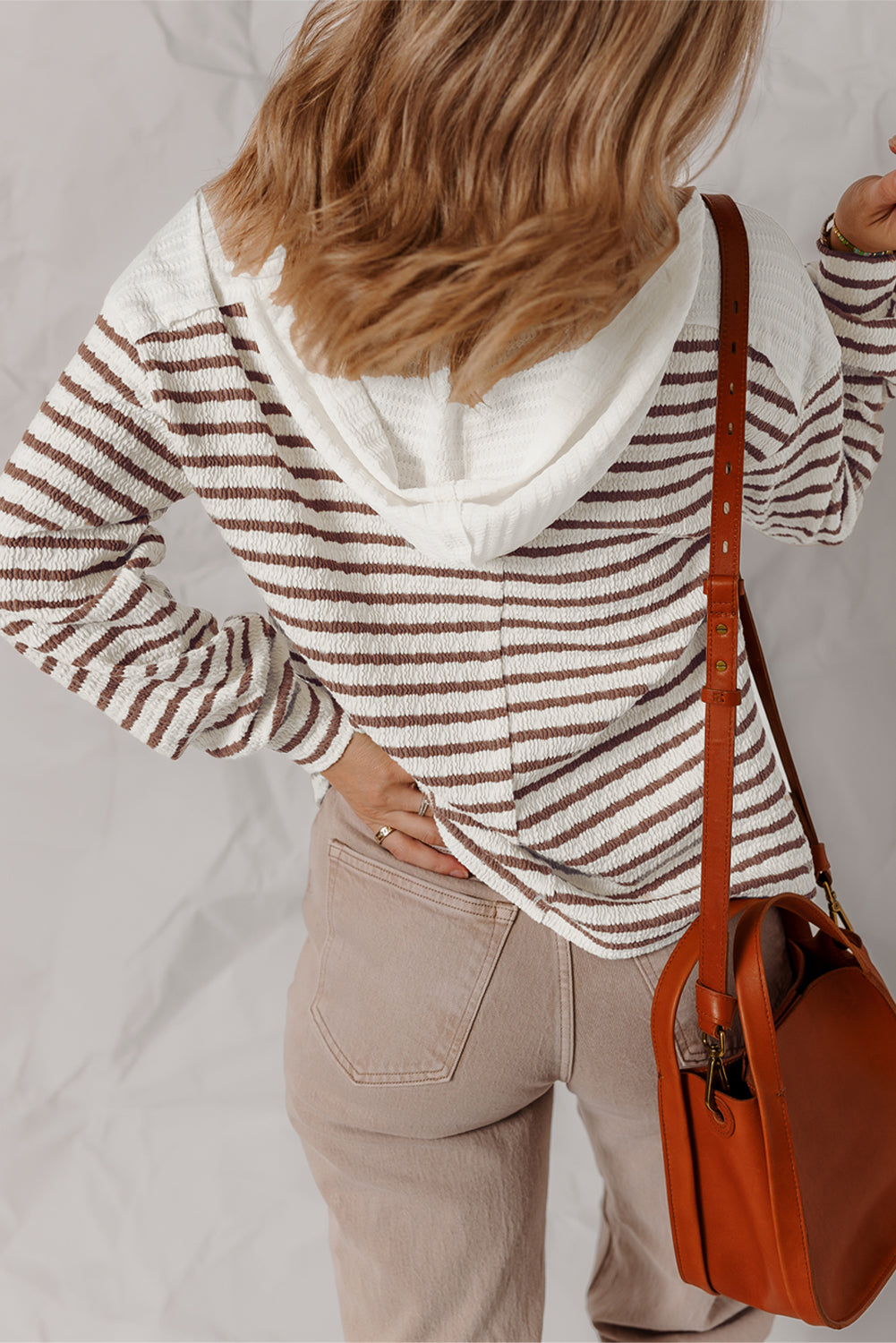 Textured Hooded V Neck Casual Long Sleeve Top