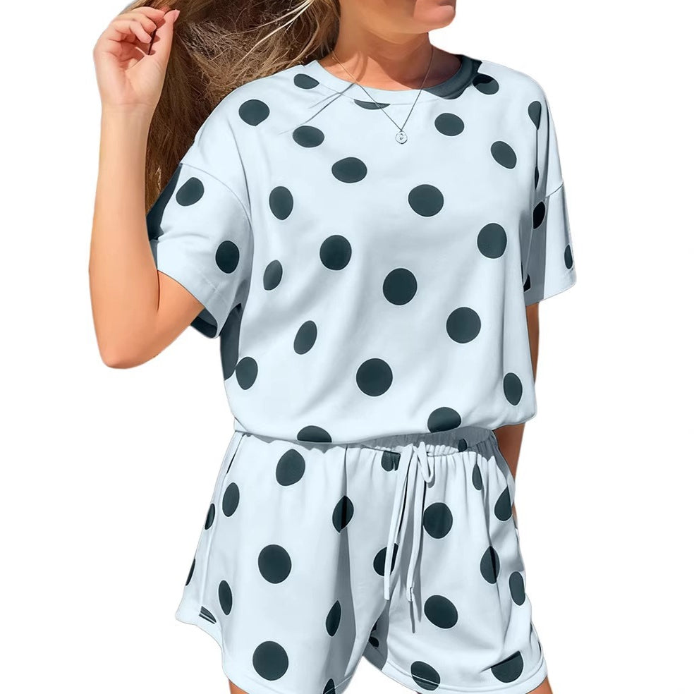 Polka Dot Print Loose Tee Drawstring Elastic Waist Short Set