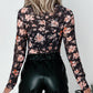 Floral Mesh Mock Neck Long Sleeve Slim Fit Top