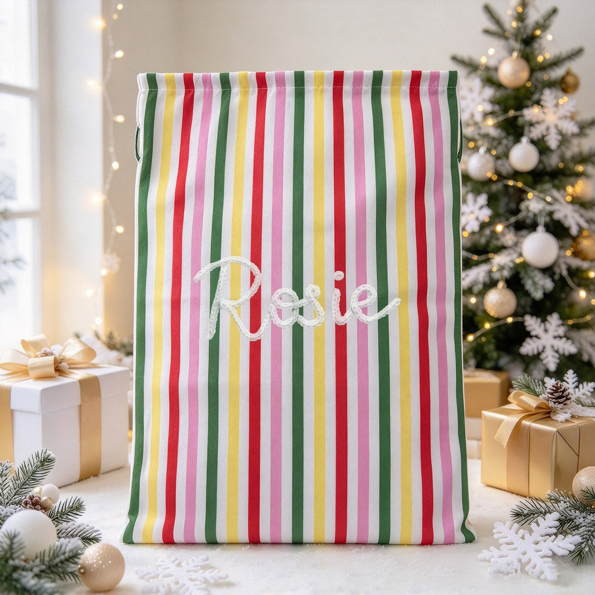 Custom Name Striped Christmas Gift Bag
