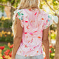 Contrast Floral Patchwork Notched Neck Flutter Sleeve Blouse