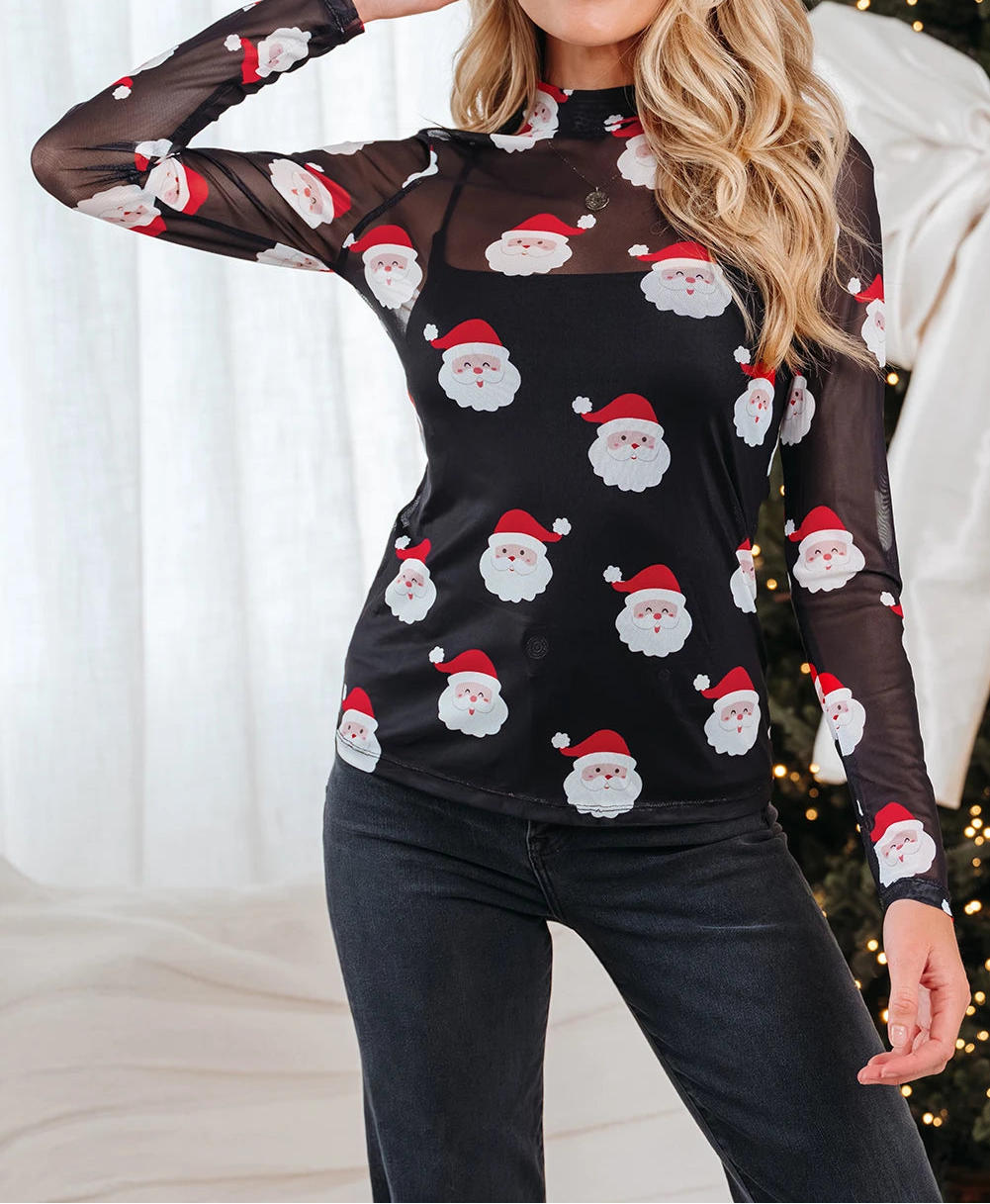 Christmas Fashion Print Slim Fit Long Sleeve Top