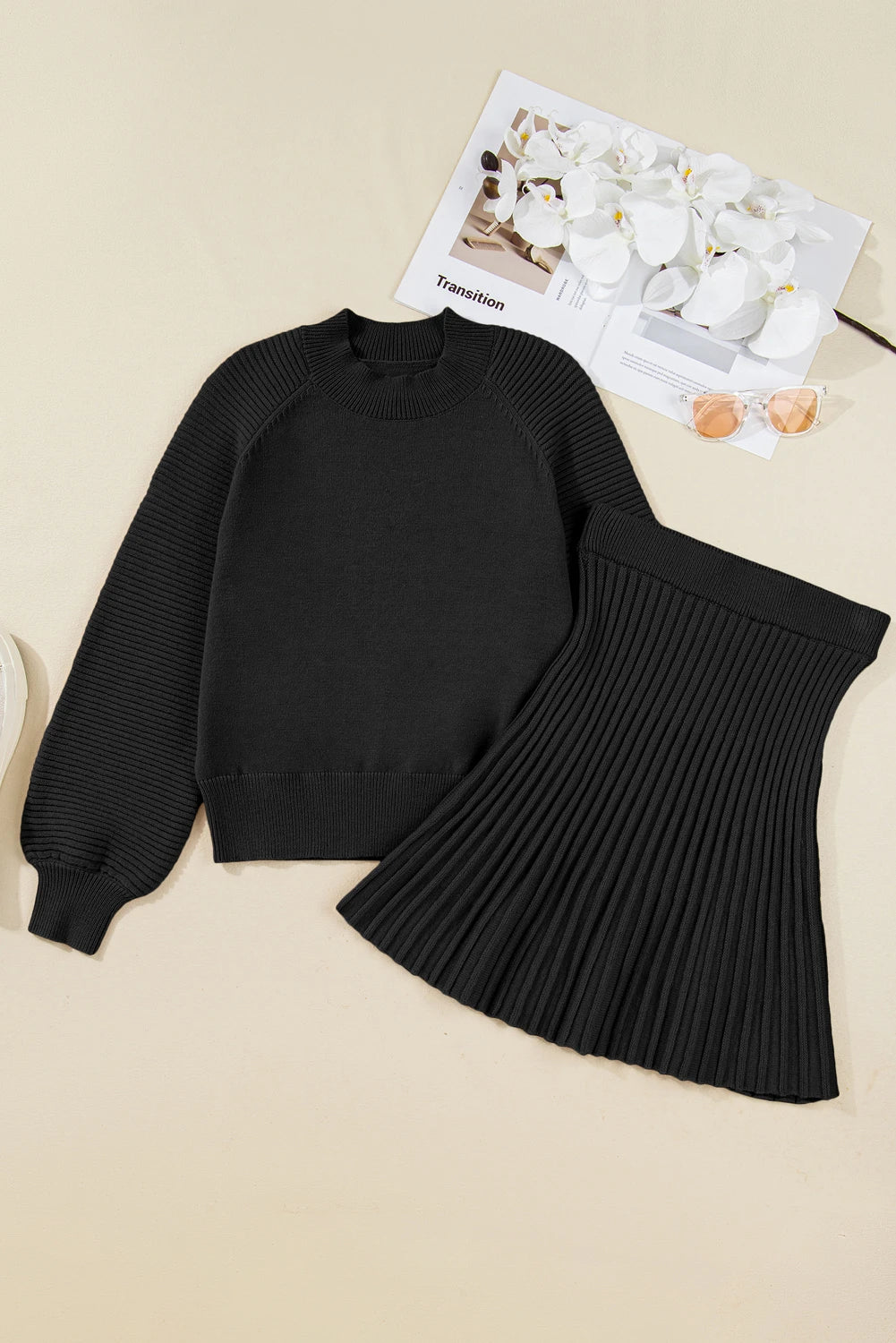 Sleeve Sweater Pleated Mini Skirt 2pcs Knitted Outfit