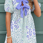 Sky Blue Leopard Contrast Bow Puff Sleeve Mini Dress