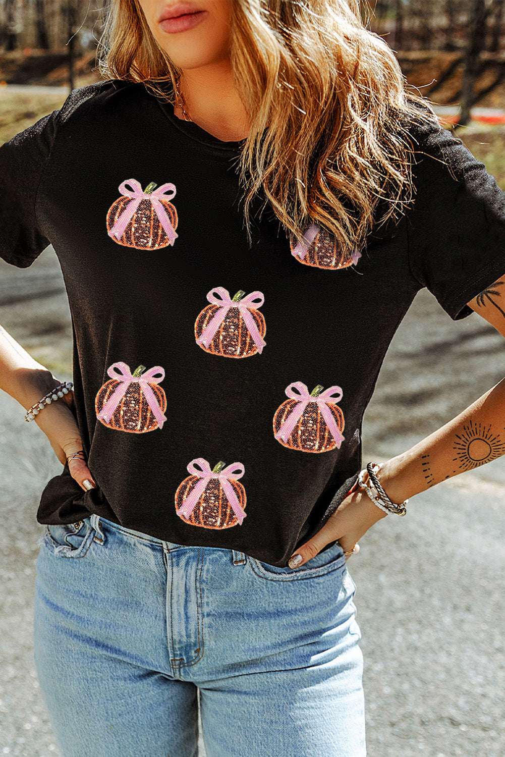 Sequin Bow Pumpkin Patched Cotton Blend T Shirt