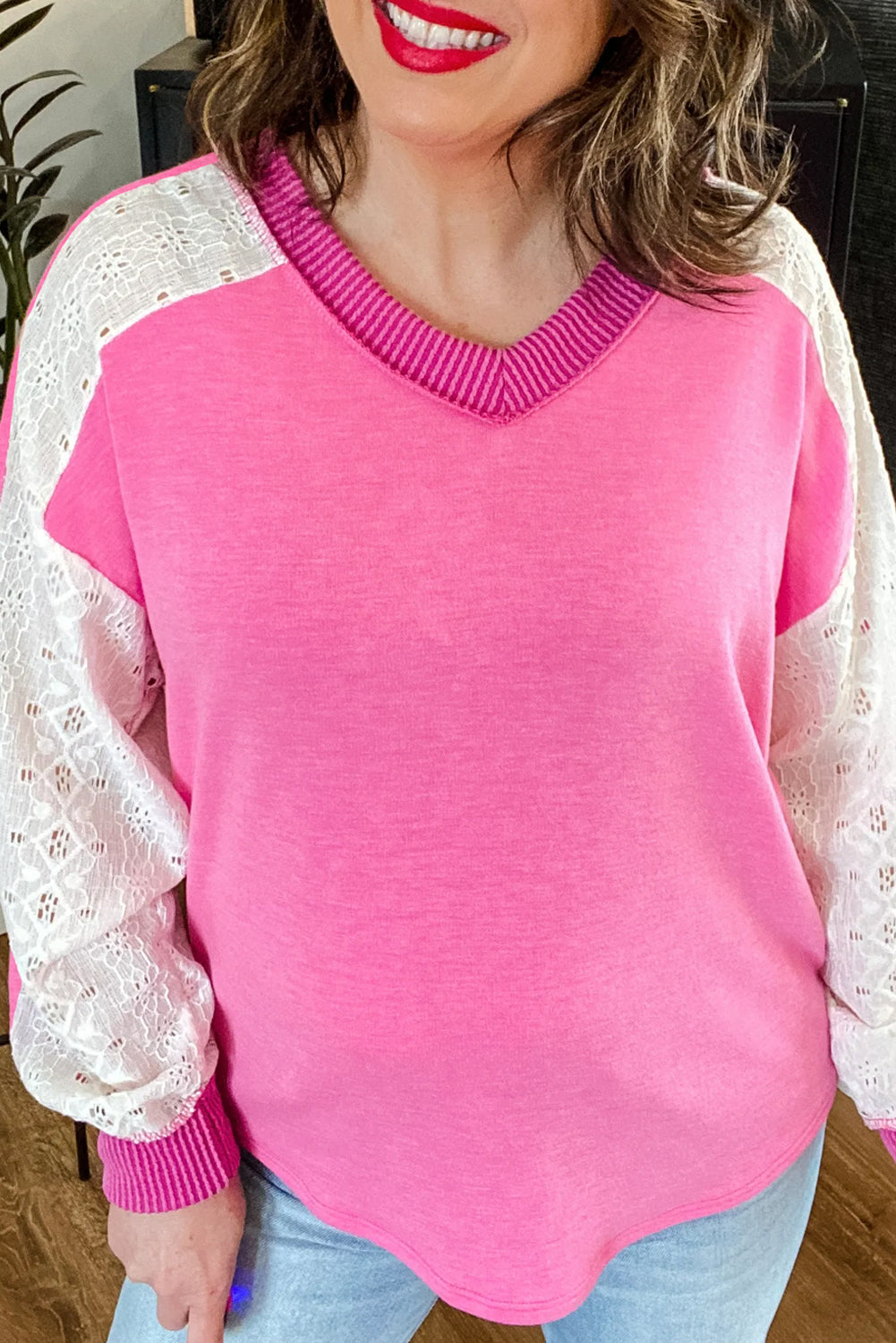 Lace Striped Patchwork Long Sleeve Corded V Neck Plus Size Top