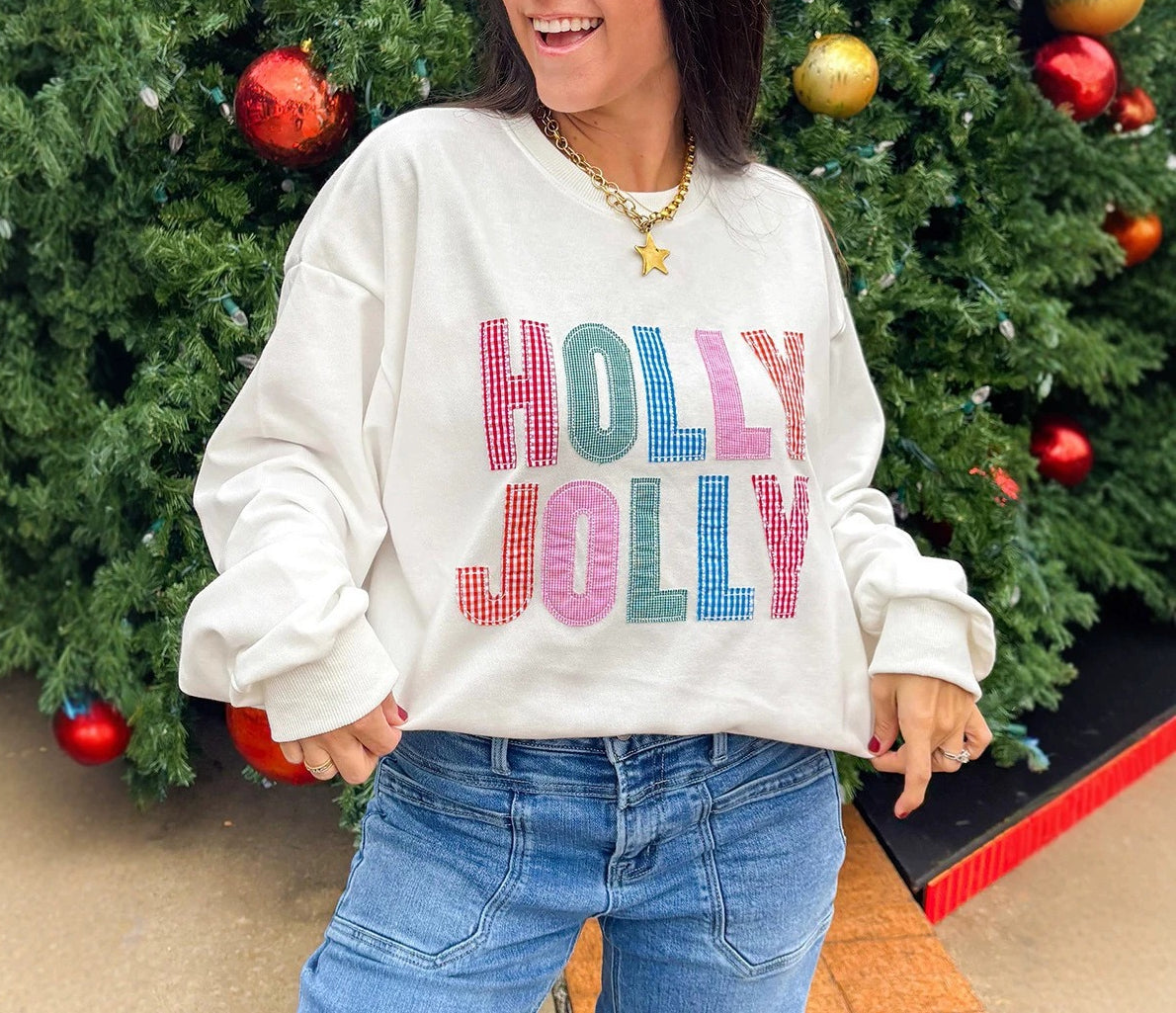 White HOLLY JOLLY Gingham Letter Graphic Plus Size Christmas Sweatshirt