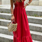 V Neck Flutter Sleeve Smocked Bodice High Waist Ruffle Maxi Dress