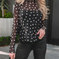 Black Polka Dot Patterned Bodycon Mock Neck Mesh Long Sleeve Top