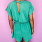 Mist Blue Mineral Wash Drawstring Waist Hollow Out Back Short Sleeve Romper