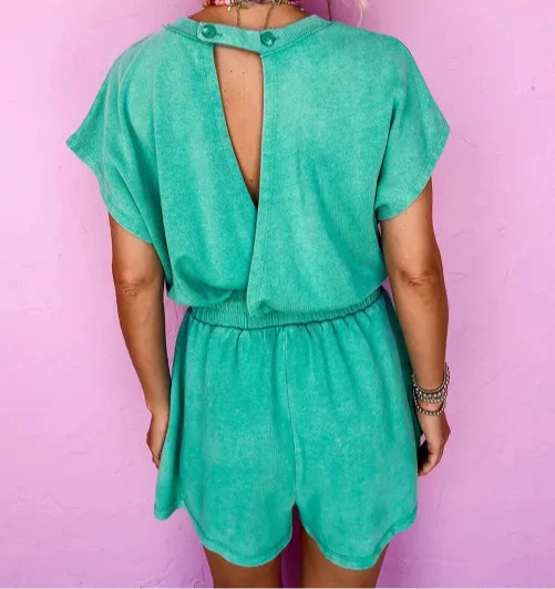 Mist Blue Mineral Wash Drawstring Waist Hollow Out Back Short Sleeve Romper