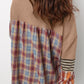 Beige Waffle Stripe Plaid Patchwork Henley Knit Top