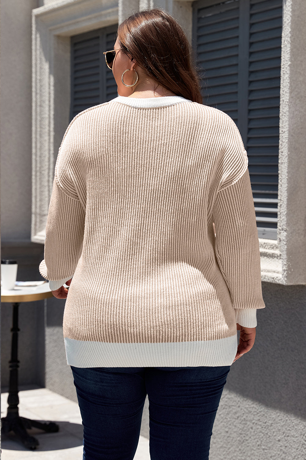 Plus Size Contrast Trim Crew Neck Rib Knit Drop Shoulder Sweater