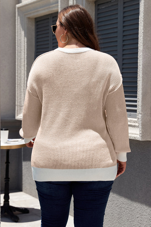Plus Size Contrast Trim Crew Neck Rib Knit Drop Shoulder Sweater