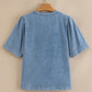 Pintuck Pleats Puff Sleeve Split V Neck Summer Denim Top