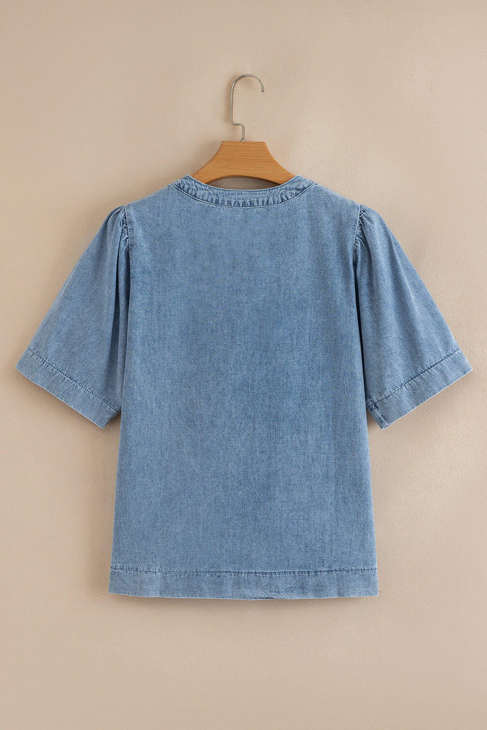 Pintuck Pleats Puff Sleeve Split V Neck Summer Denim Top
