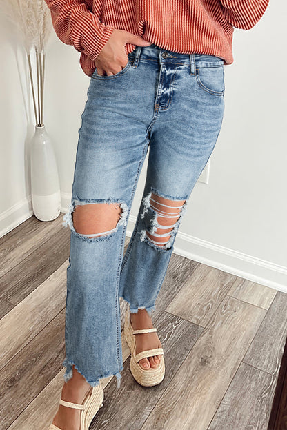 Hem Ripped Open Knee Fit Flare Jeans